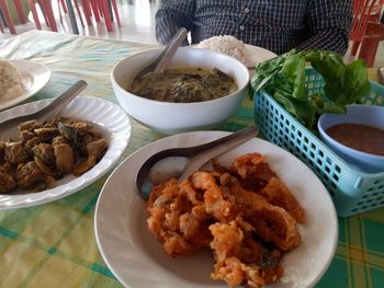 High angle view of meal served on table