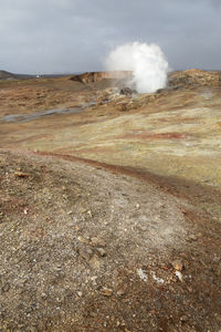 Smoke emitting from volcanic landscape