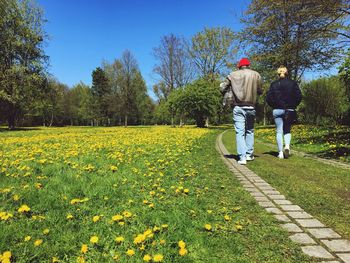 Rear view of people walking on field