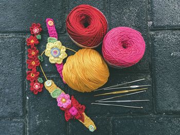 High angle view of multi colored umbrellas on table