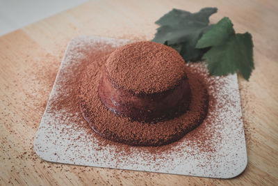 High angle view of chocolate cake on table