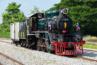 Train on railroad tracks by trees