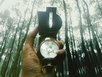Close-up of hand holding clock against trees