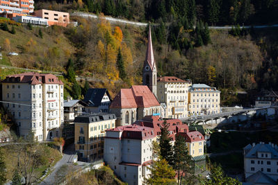 High angle view of buildings in town