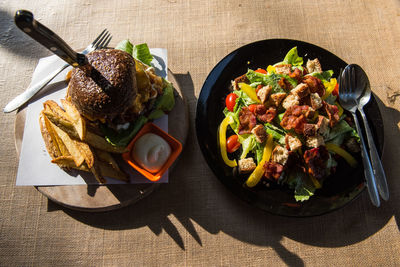 High angle view of breakfast served on table