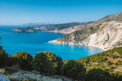 Scenic view of sea and mountains against sky