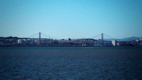 View of suspension bridge against clear sky