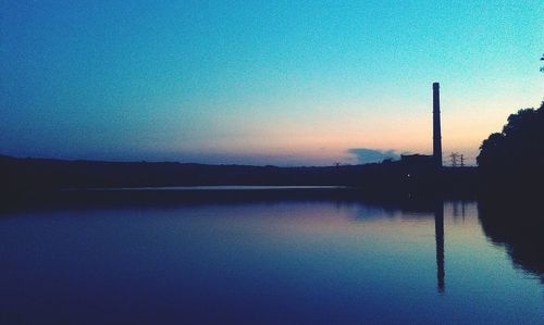 Scenic view of lake against clear sky during sunset