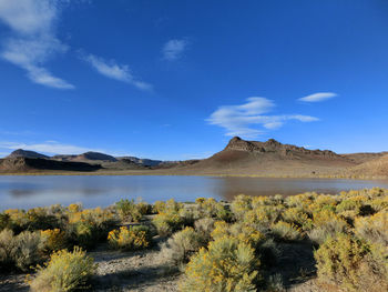 Scenic view of lake and mountains against sky