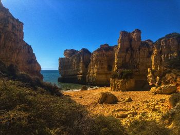 Rock formations by sea against clear blue sky