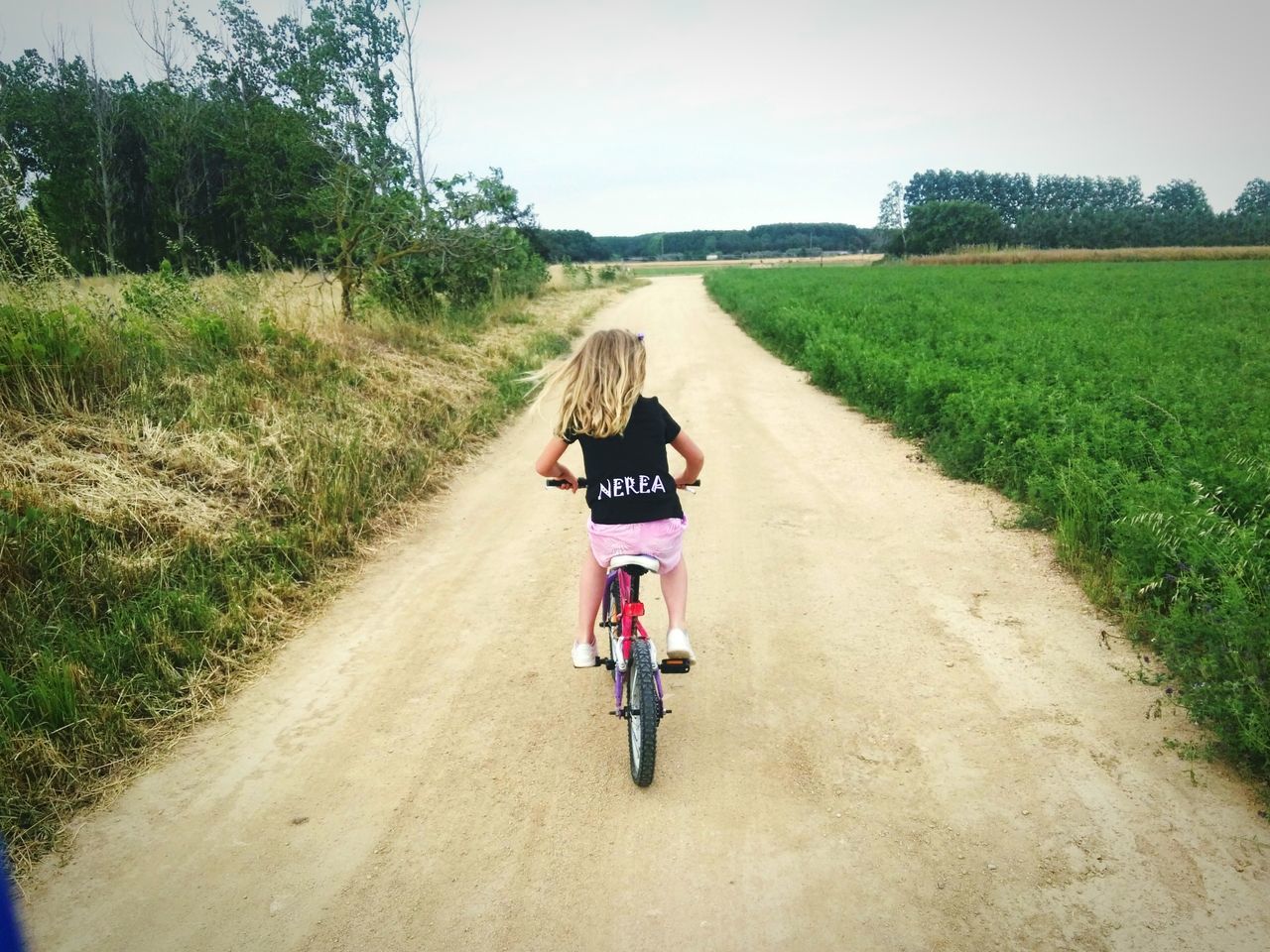 transportation, rear view, plant, bicycle, leisure activity, lifestyles, road, real people, grass, land vehicle, one person, nature, riding, ride, day, women, the way forward, casual clothing, land, mode of transportation, hairstyle, hair, outdoors, diminishing perspective