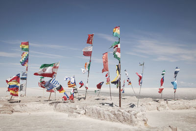 Various flags waving on salt flat against sky