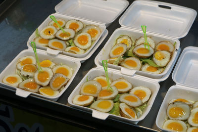 High angle view of breakfast on table