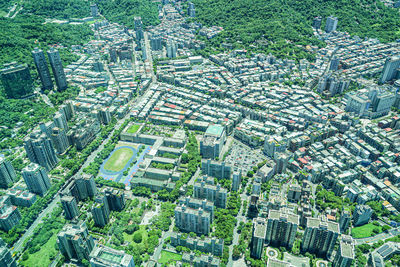 High angle view of buildings in city