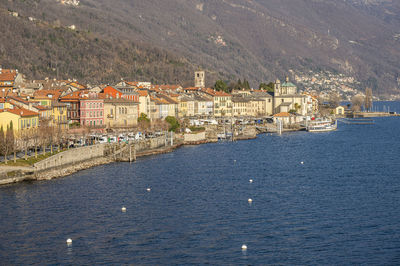 High angle view of the lakefront of cannobio and lake maggiore