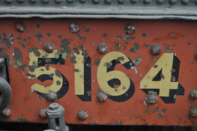 Close-up of text on rusty metal