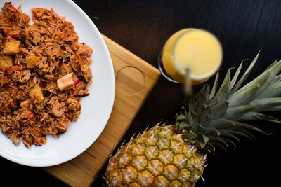 High angle view of food in plate on table