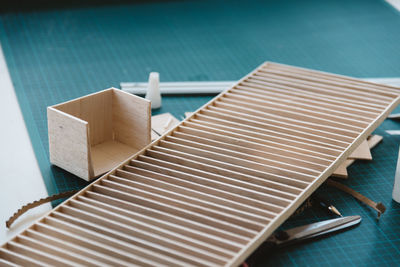 High angle view of open book on table