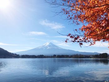 Scenic view of lake by mountains against sky