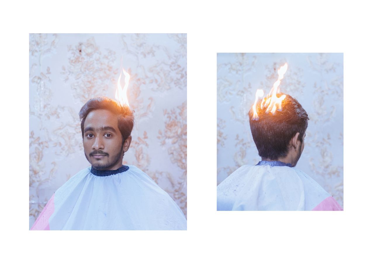 flame, burning, heat - temperature, real people, headshot, indoors, close-up, panoramic, men, day, one person, people