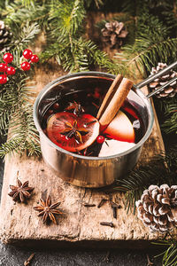 High angle view of christmas decorations on table