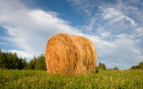 Hay bales on field against sky
