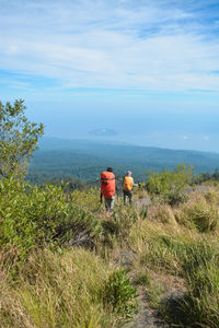 Rear view of men walking on grass against sky