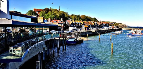 View of harbor in city