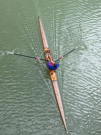 High angle view of man on boat in river