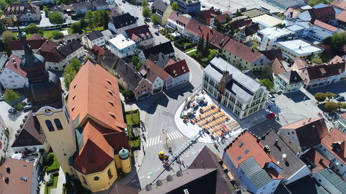 High angle view of houses in town