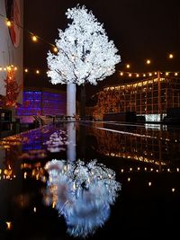 Reflection of illuminated building in lake at night