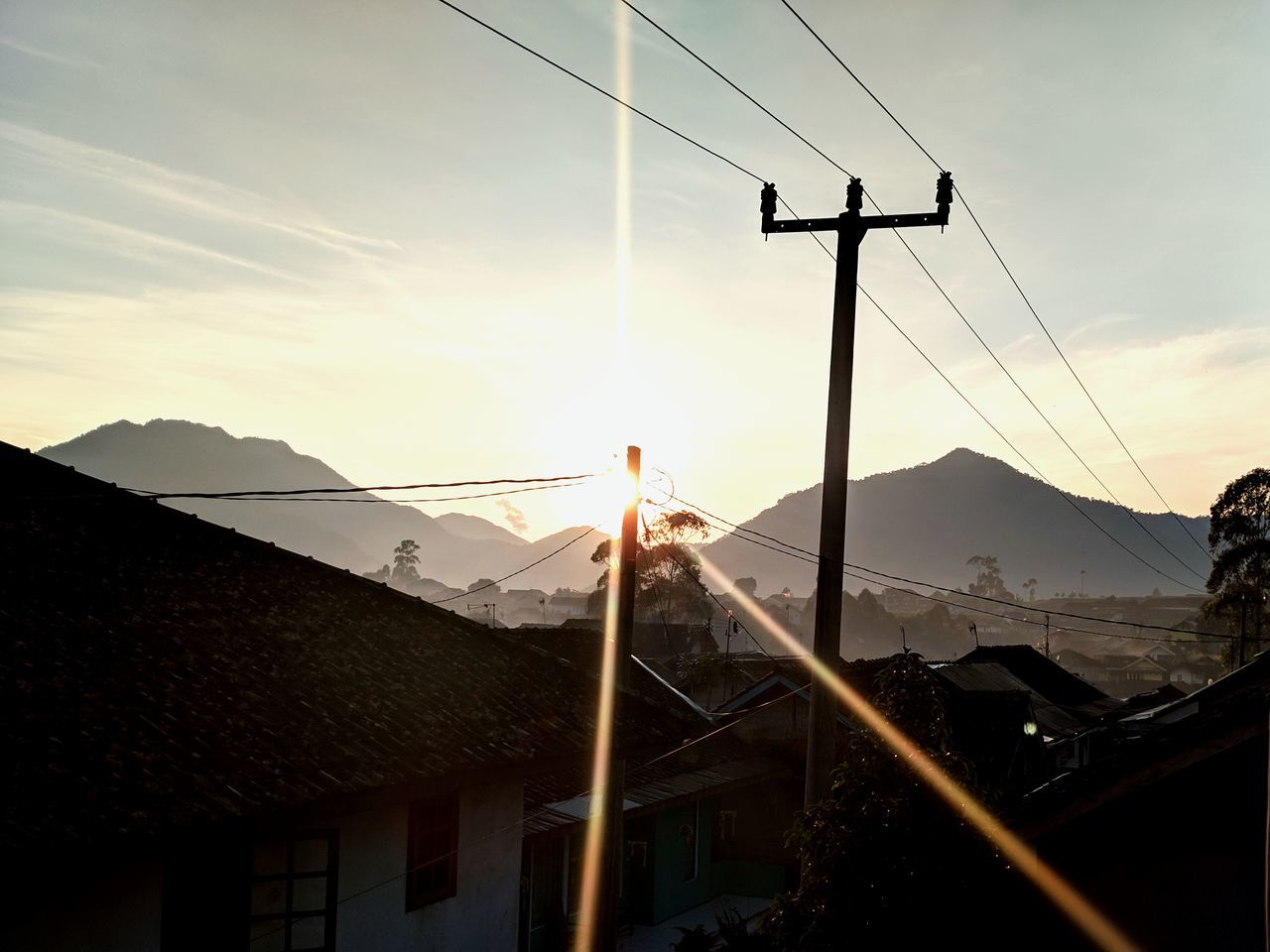 ELECTRICITY PYLONS AND BUILDINGS AGAINST SKY DURING SUNSET