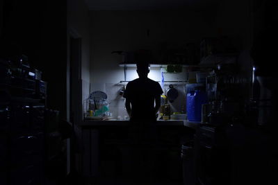 Rear view of silhouette man standing in kitchen at home