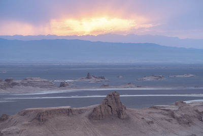 Scenic view of desert against sky during sunset