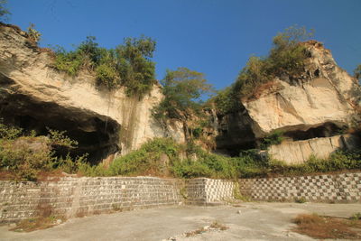 View of trees and rocks against clear sky