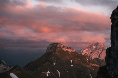 Scenic view of mountains against sky during sunset