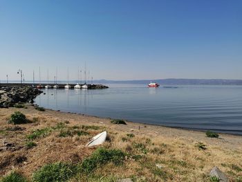 Scenic view of sea against clear blue sky