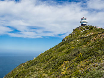 Lighthouse on cliff by sea against sky