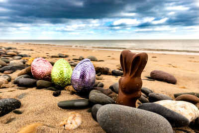 Surface level of pebbles on beach against sky