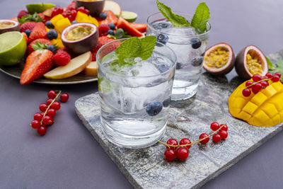 Close-up of fruits served on table