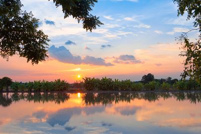 Scenic view of lake against sky during sunset