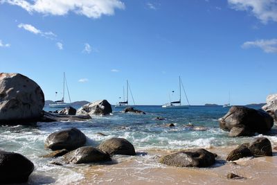 Sailboats on sea shore against sky