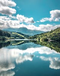 Scenic view of lake and mountains against sky