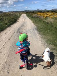 Rear view of person with dog on road