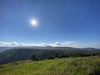 Scenic view of field against bright sun