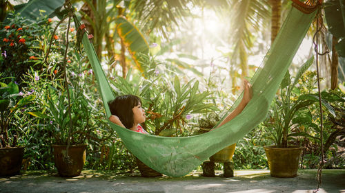 Woman relaxing on palm tree
