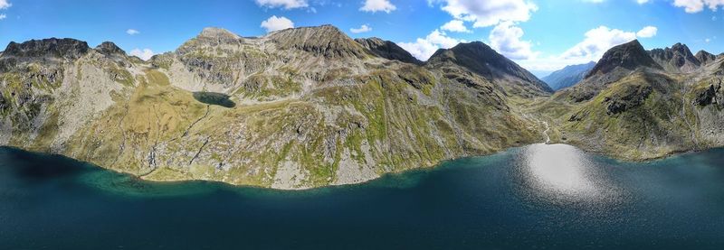 Panoramic view of lake and mountains against sky