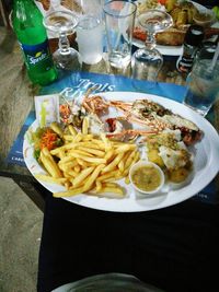 High angle view of food served on table