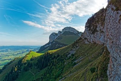 Panoramic view of valley and mountains against sky