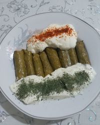 High angle view of food in plate